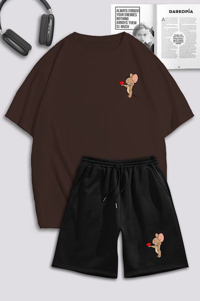 macklin Unisex Γυναικεία Ανδρικά Σετ φόρμας Tom and Jerry Heart με στάμπα ειδικής σχεδίασης Oversize μπλουζάκι και σορτς