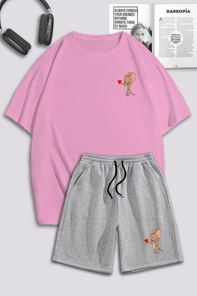 macklin Unisex Γυναικεία Ανδρικά Σετ φόρμας Tom and Jerry Heart με στάμπα ειδικής σχεδίασης Oversize μπλουζάκι και σορτς