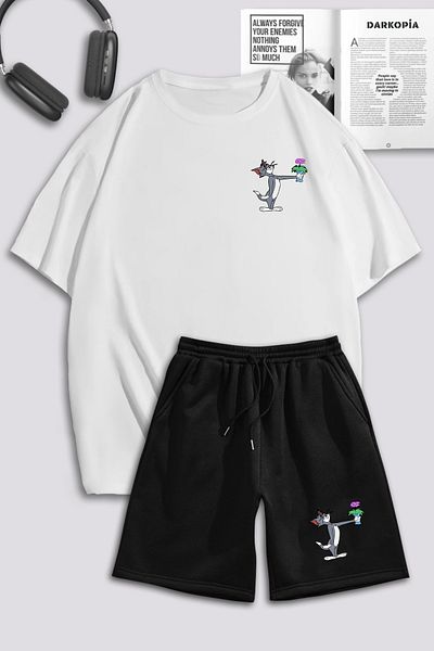 macklin Unisex Γυναικείες ανδρικές φόρμες Tom and Jerry με λουλουδάτο εμπριμέ ειδικό σχέδιο Oversize Σετ μπλουζάκι και σορτς
