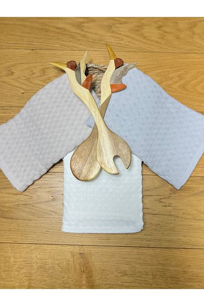 LAVİNA HOME 100% Cotton Organic Kitchen Towel Set Drying Cloth German Napkin 3-Piece 40x60 Ice Grey Cream Gray