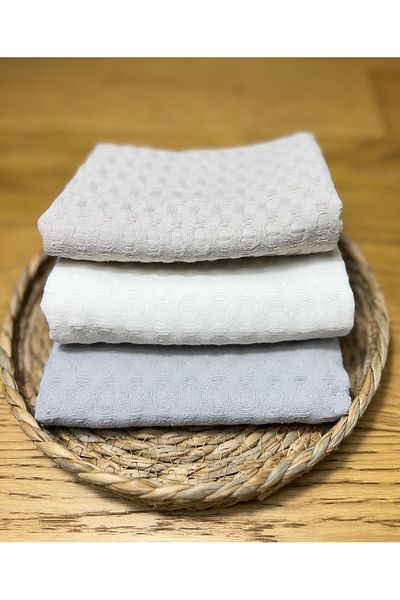 LAVİNA HOME 100% Cotton Organic Kitchen Towel Set Drying Cloth German Napkin 3-Piece 40x60 Ice Grey Cream Gray