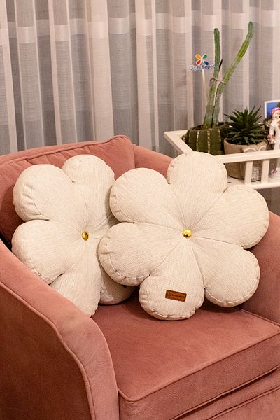 Rayda Home Decorative 2-Piece Linen Fabric Cream Color Inner Filled Gold Button Detailed Daisy Throw Pillow 42*42 Cm