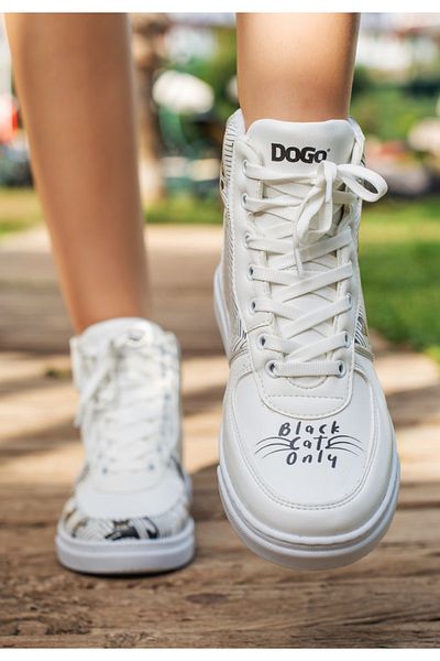 Dogo Pantofi înalți albi din piele vegană de damă - Design numai pentru pisici negre