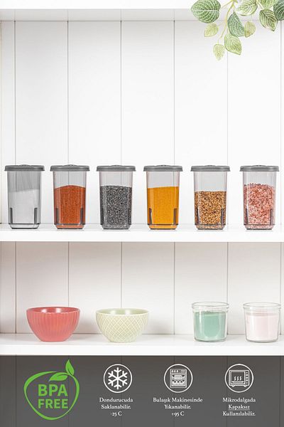 Meleni Home Set of 6 Spice Jars with Lockable Anti-Air Lids - Gray