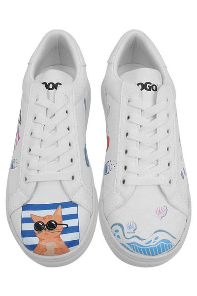 Dogo Pantofi albi din piele vegană de damă - Design Cats on the Beach