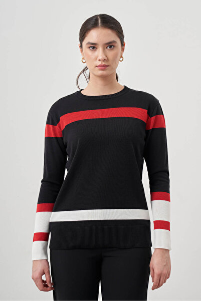 Mizalle Blok Renkli Rayon Siyah/ Kırmızı Bluz