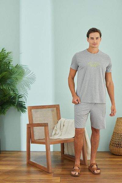 Sevim Men's Short Sleeve Gray Melange Shorts Pajamas Suit C4T7N49