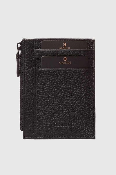 Grande 853 Genuine Leather Coin Compartment Zippered Vertical Card Holder Flother Black
