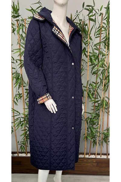 VETRE Women's Large Size Plaid 120 Cm Seasonal Navy Blue Quilted Coat 1042
