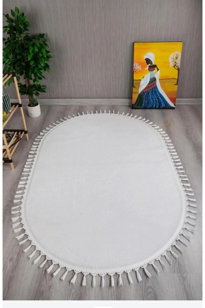 ODAK HALI Modern Dekoratif Örgü Saçaklı Peluş Puffy Ovel Halı