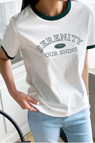 MODAGEN Women's White Green Collar Detailed Cotton Slimfit T-Shirt
