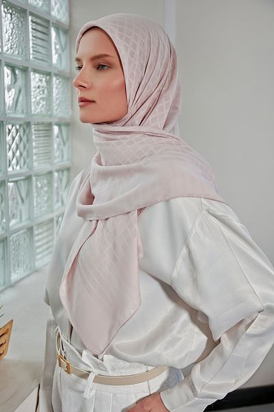 Scarf Jacquard Mini Square Patterned Chiffon Scarf - Light Powder Color -