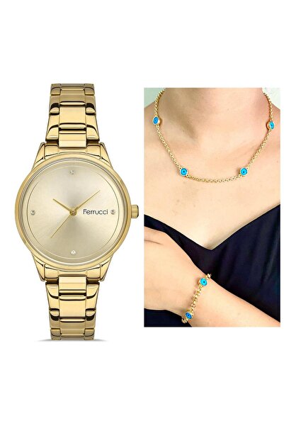 Ferrucci Sade Şık Tasarım Su Geçirmez Çelik Kadın Kol Saat+Nazarlıklı Set Hed...