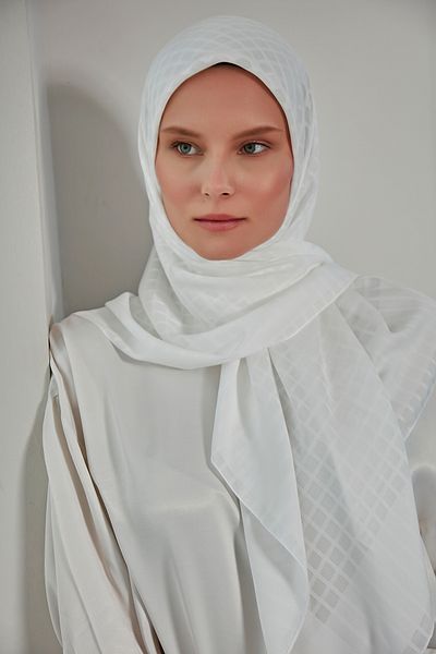 Scarf Jacquard Mini Square Patterned Chiffon Scarf - Off White Color -