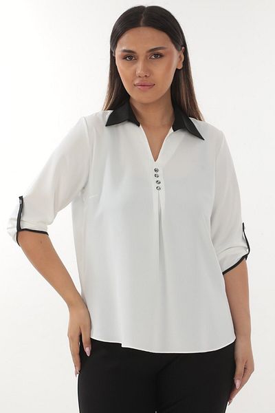 Selent Women's Black V-Neck Button Detailed Three-Quarter Sleeve Plus Size Blouse