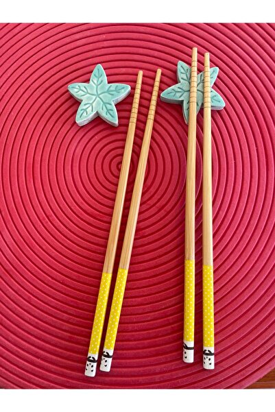 Tam Seramik İki Çift Yemek Çubuğu / Chopstick ve iki adet seramik Dayanak