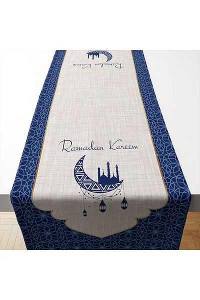 Tataroğlu Dijital Kumaş Ramadan Collection - Ramadan Kareem Dark Blue Geometric Runner