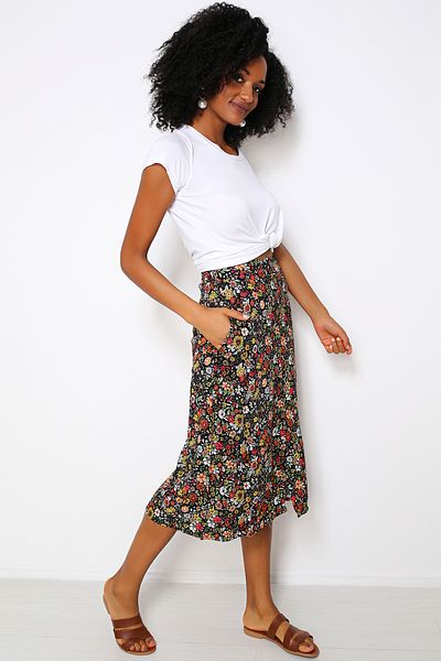 AVORWE FUSTA MIDI CU BUTON CU MODEL DE FLORI