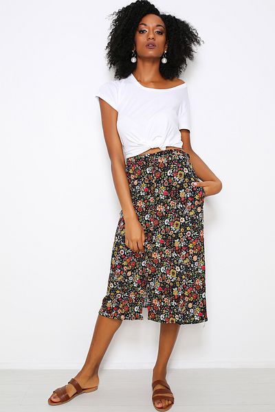 AVORWE FUSTA MIDI CU BUTON CU MODEL DE FLORI