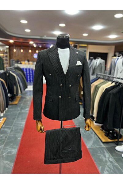 Terziayhan Yeni Sezon Antrasit Çizgili  Slimfit Kruvaze Takım Elbise