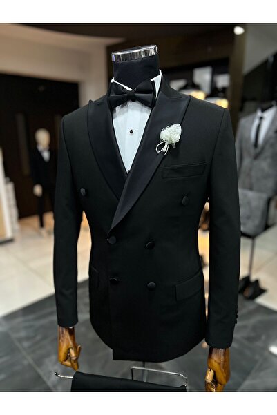 Terziayhan Siyah Slimfit Kırlangıç Yaka Kruvaze Damatlık Takım Elbise