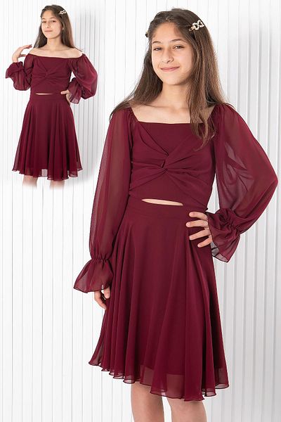 SUBU TASARIM Plum Balloon Sleeve Chiffon Evening Dress - MDV934