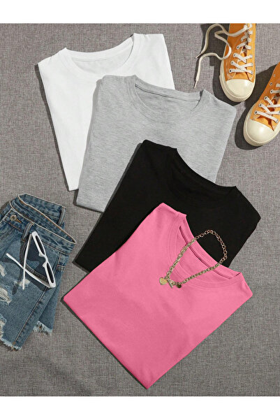 Revasser Unisex Düz Basic 4'lü Çoklu Kombin T-shirt - Beyaz Pembe Siyah Ve Be...