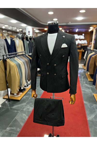 Terziayhan Yeni Sezon Antrasit Çizgili  Slimfit Kruvaze Takım Elbise