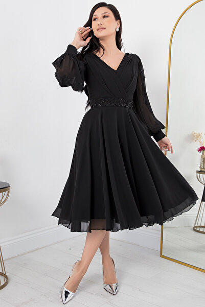 PULLIMM Boncuk Detay Uzun Kol Şifon Elbise DNS1512