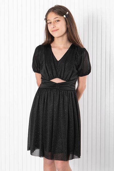 SUBU TASARIM Balloon Sleeve Glitter Tulle Evening Dress Black MDV936