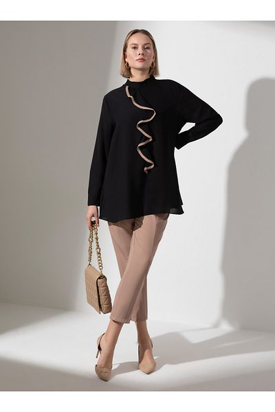 ALİA Large Size Piping Detailed Flounced Tunic - Black - Alia
