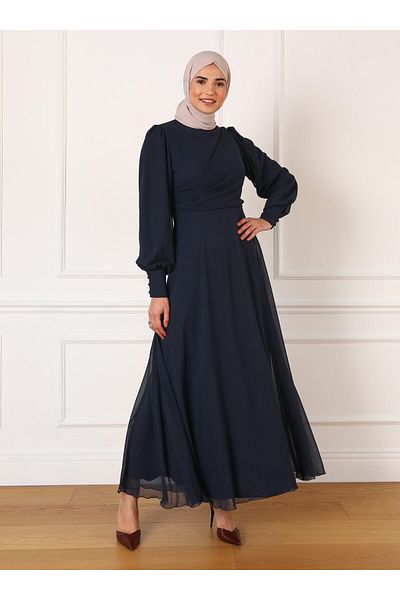 Refka Drape Detailed Chiffon Hijab Evening Dress - Navy Blue - Refka