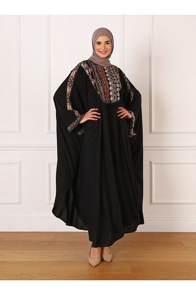 Refka Natural Fabric Ethnic Patterned Abaya Ferace - Black - Refka