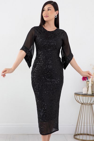 PULLIMM AP-086 Model Tulle Detailed Crew Neck Sequin Dress