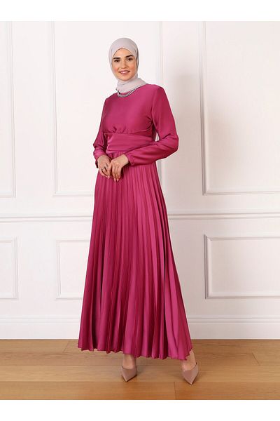 Refka Pleated Belted Satin Hijab Evening Dress - Cherry - Refka
