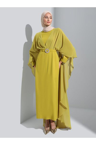 Refka Chiffon Cape Belted Hijab Evening Dress - Yag yeşil - Refka