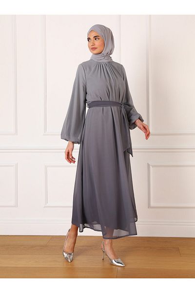 Refka Belted Gradient Patterned Chiffon Hijab Evening Dress - Granite - Refka