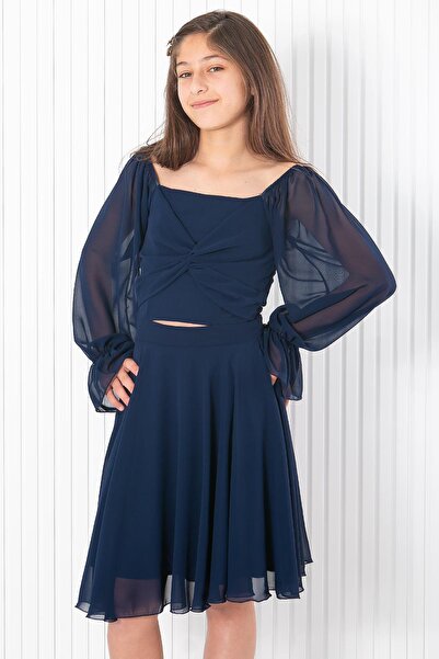 SUBU TASARIM Navy Blue Chiffon Evening Dress - Balloon Sleeve Dress MDV934