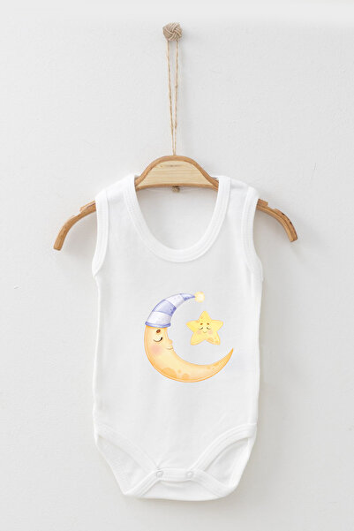 ADABEBEK Cute Moon and Star Patterned Printed Strap Snap-On Bodysuit