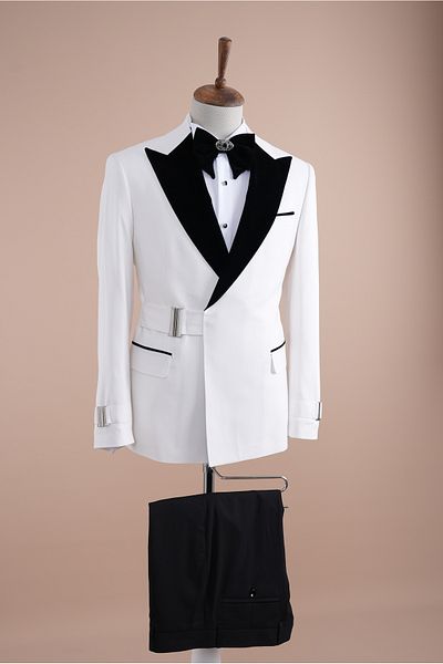 LONATOLİA Premium Men's Buckle Double Breasted Groom Suit Slim fit Italian Style Jacket Pants Bow Tie-White