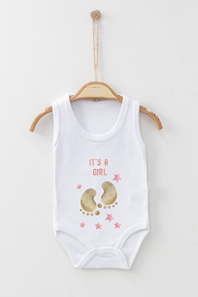 ADABEBEK It's a Girl's Written Foot Patterned Printed Strap Snap Bodysuit
