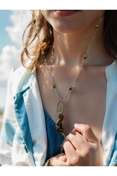 whocares Women's Necklace with Chain - Little Moon, Face Symbol, Antique Color, High Quality