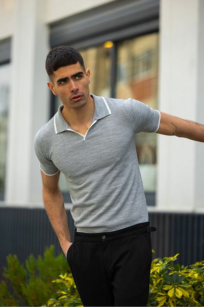 Buteks 100% πλεκτά γκρι βιζόν Classic Casual Regular Fit Crew Neck Flowy πλεκτό μπλουζάκι πόλο με λαιμόκοψη