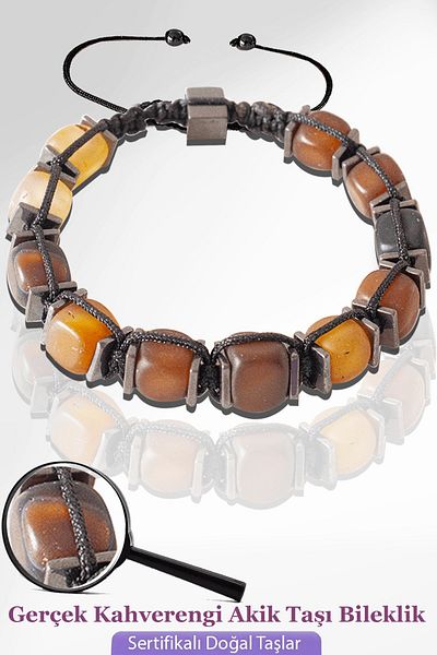 Tesbih Atölyesi Certified Cube Model Raw Brown Agate Stone Bracelet - Adjustable