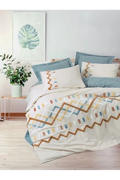 ŞENER HOME Cottonbox Puff - Σετ Παπλωματοθήκη Διπλό με Λεπτομέρεια Κεντήματος, Mellow Mint