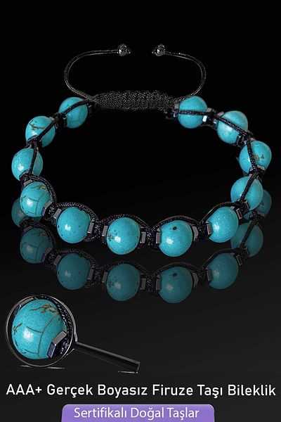Tesbih Atölyesi Certified AAA+ Unpainted Real Turquoise Stone Bracelet - Adjustable