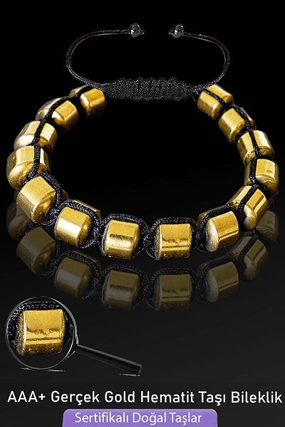 Tesbih Atölyesi Certified Barrel Model Real Gold Hematite Stone Bracelet - Adjustable