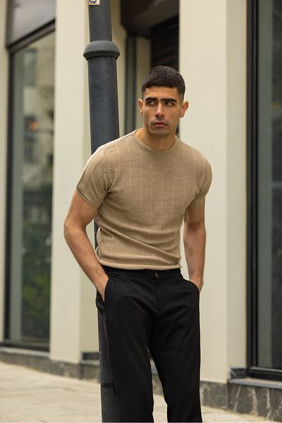 Buteks 100% πλεκτά μπεζ Classic Casual Regular Fit Crew Neck Flowy Πλεκτό T-Shirt με λαιμόκοψη