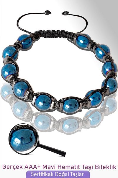 Tesbih Atölyesi Certified Real Blue Hematite Stone Bracelet - Adjustable