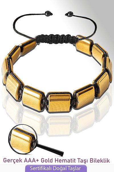 Tesbih Atölyesi Certified Square Model Real Gold Hematite Stone Bracelet - Adjustable